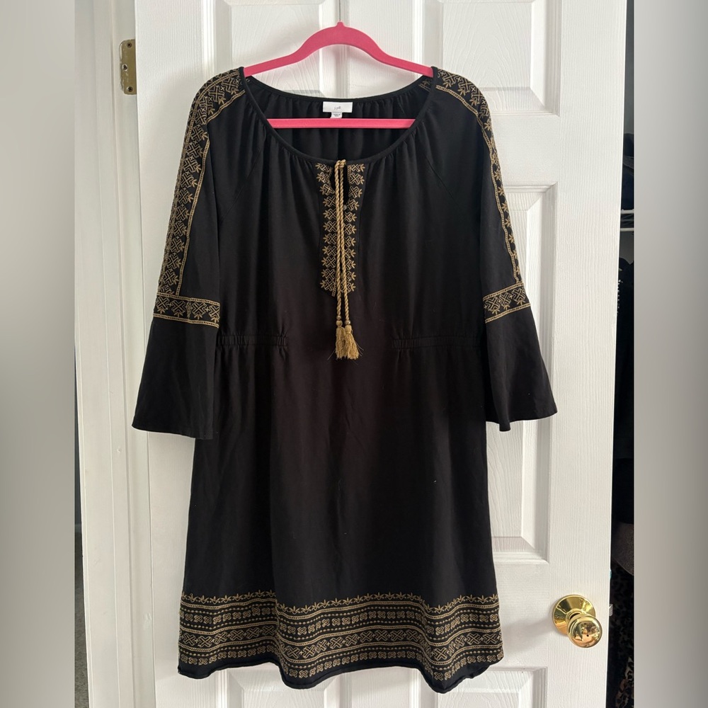 J. Jill Black & Gold Embroidered Peasant Dress | Boho Tunic